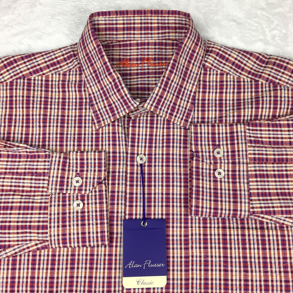 Alan Flusser Dress Shirt Mens Medium Multicolor Plaid Seersucker Long Sleeve NWT
